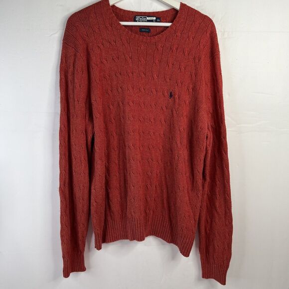 Vtg Polo Ralph Lauren Sz XL Cable Knit Sweater Silk Orange Logo Pullover Jumper - Picture 2 of 6